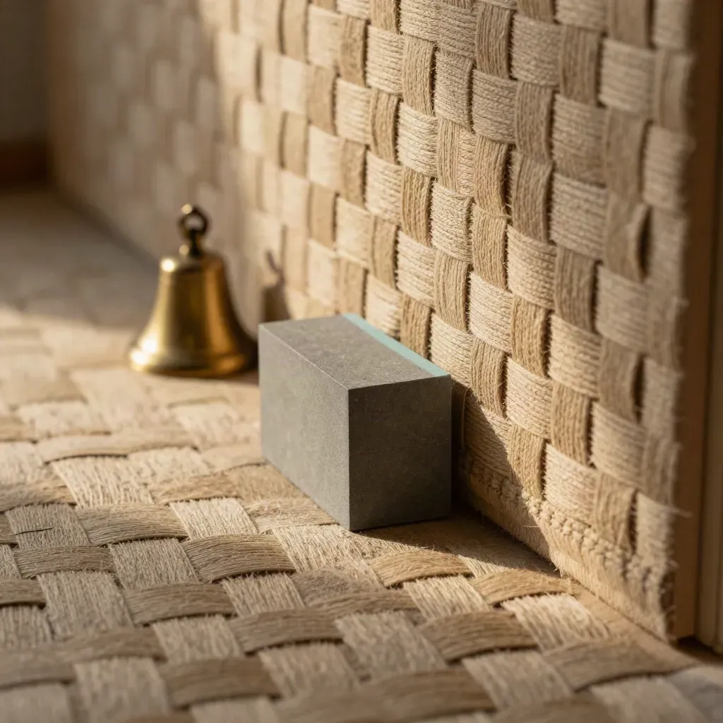 Close-up of woven acoustic panel, matte blocks and brass bell with teal accent on felt.