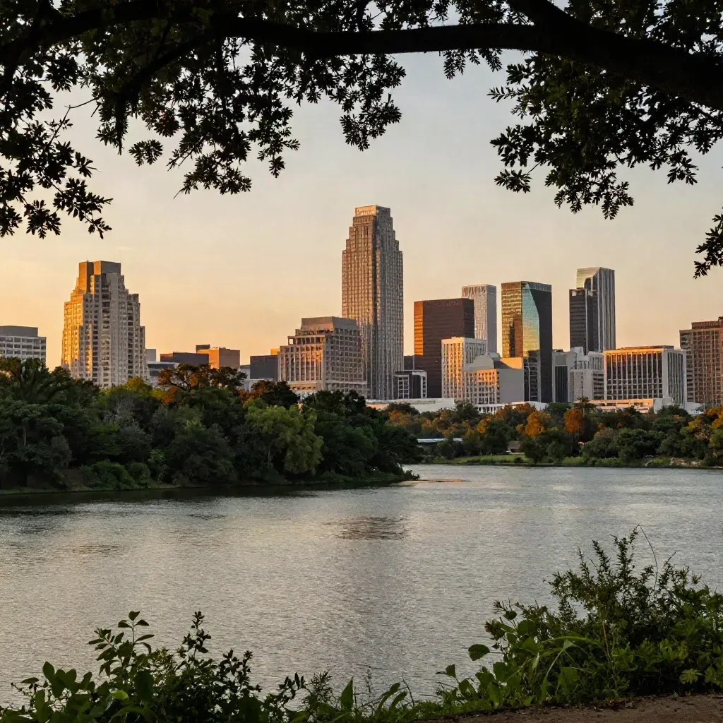 Austin skyline at golden hour over Lady Bird Lake with haze and live oaks
