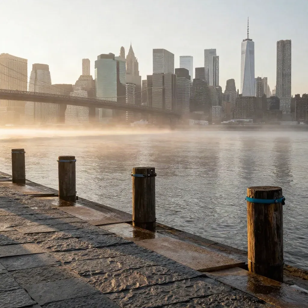 Foggy Manhattan skyline and bridge lines over a calm riverfront at dawn.